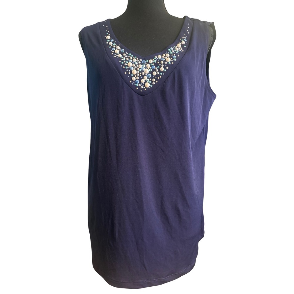 Susan Graver Navy Blue Liquid Knit Embellished Pearl Bead V-Neck Tank Top Large